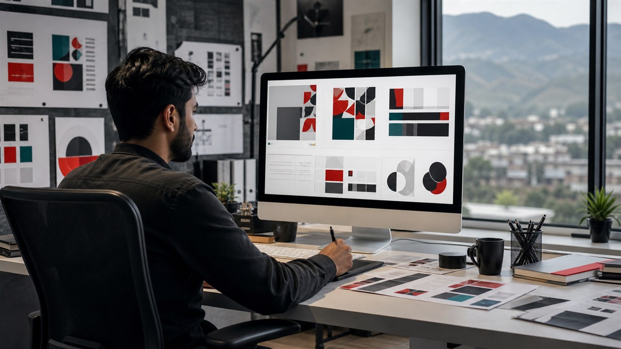 Graphic designer developing a brand system in Mirpur AJK
